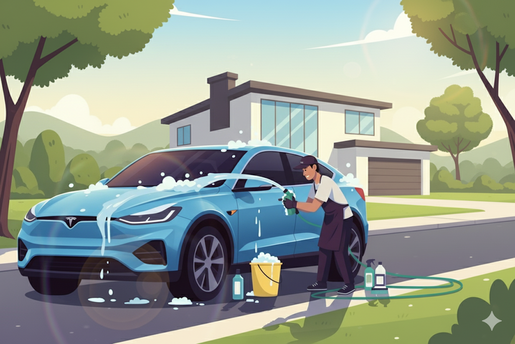 A professional washing a car